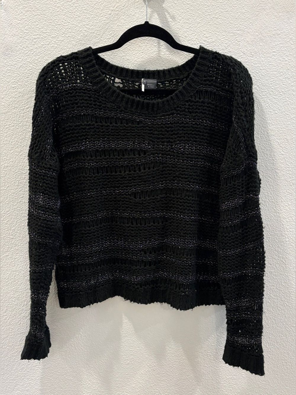 Sparkle & Fade Black Open-Knit Silver Thread Crewneck Sweater M